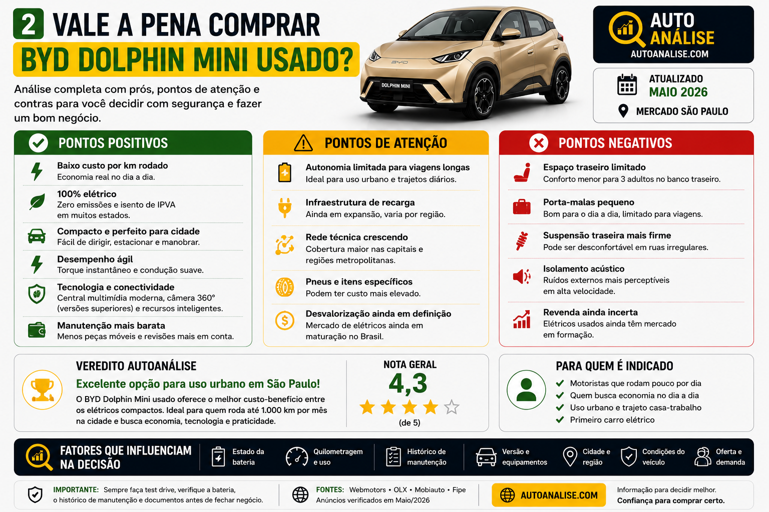 BYD Dolphin Mini usado vale a pena comprar análise pontos positivos negativos Maio 2026