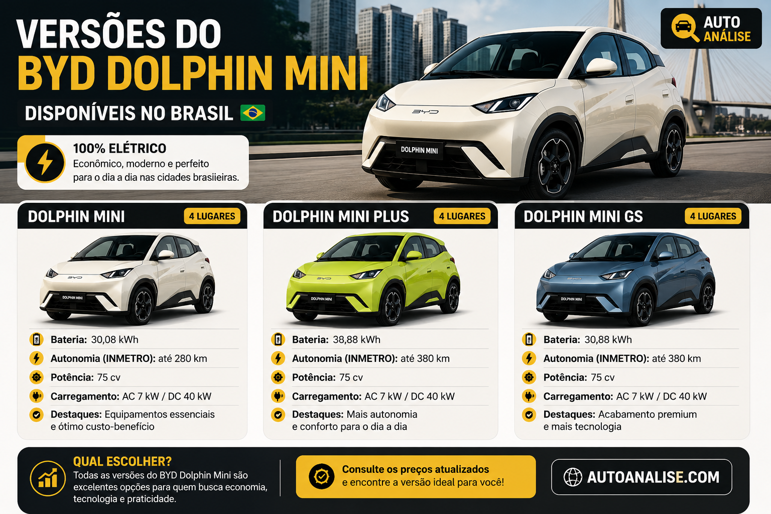 Versões do BYD Dolphin Mini disponíveis no Brasil autonomia bateria e comparação