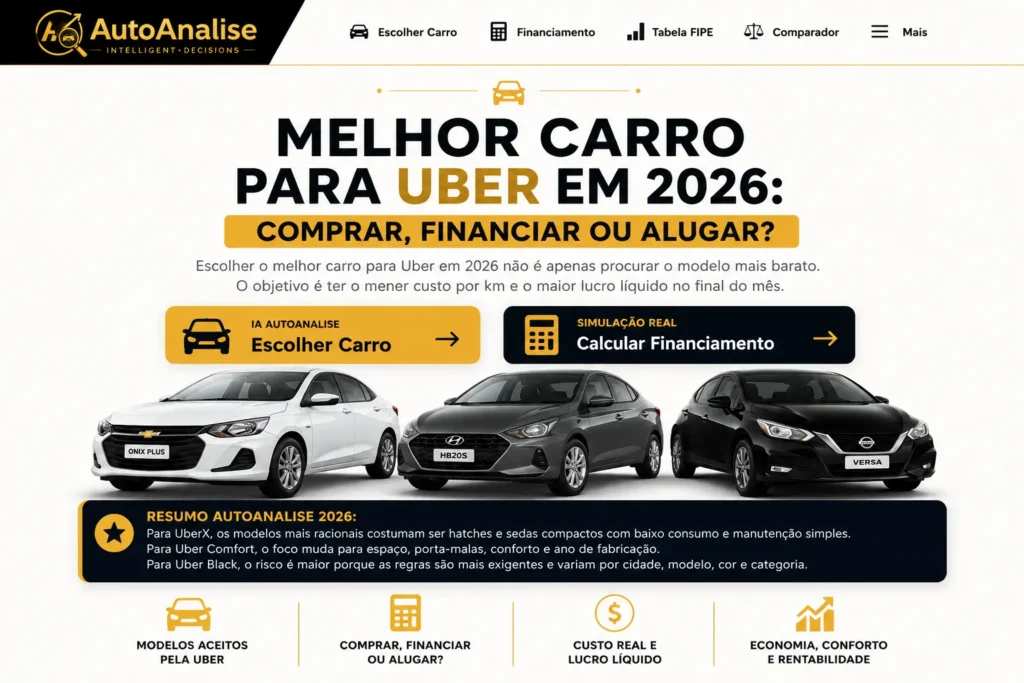 Melhor carro para Uber em 2026 comprar financiar ou alugar