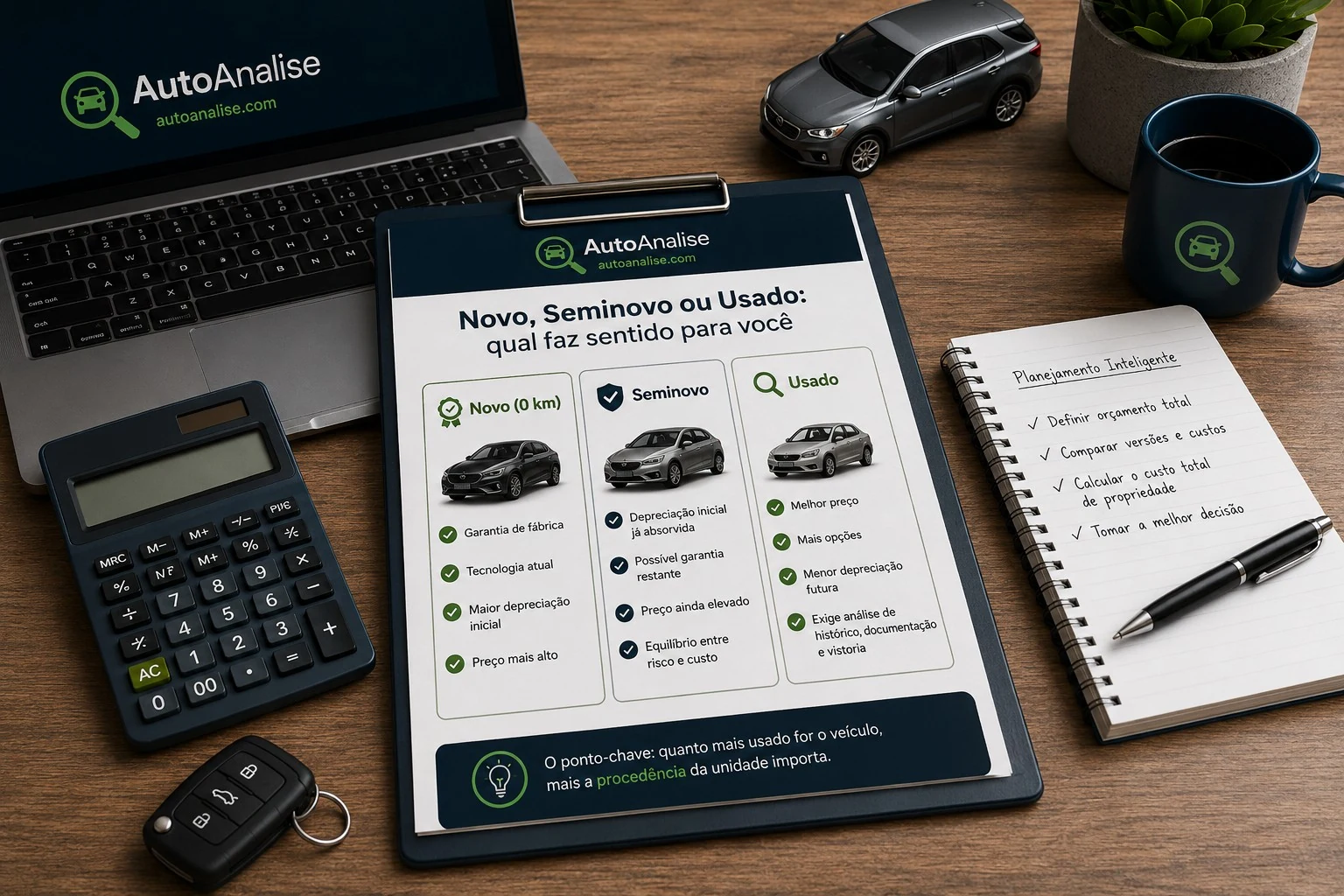Comparação entre carro novo, seminovo e usado