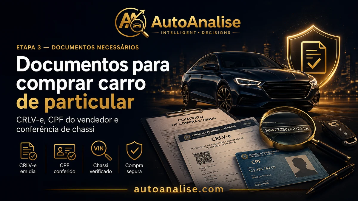 Documentos necessários para comprar carro de particular: CRLV-e, CPF do vendedor e conferência de chassi
