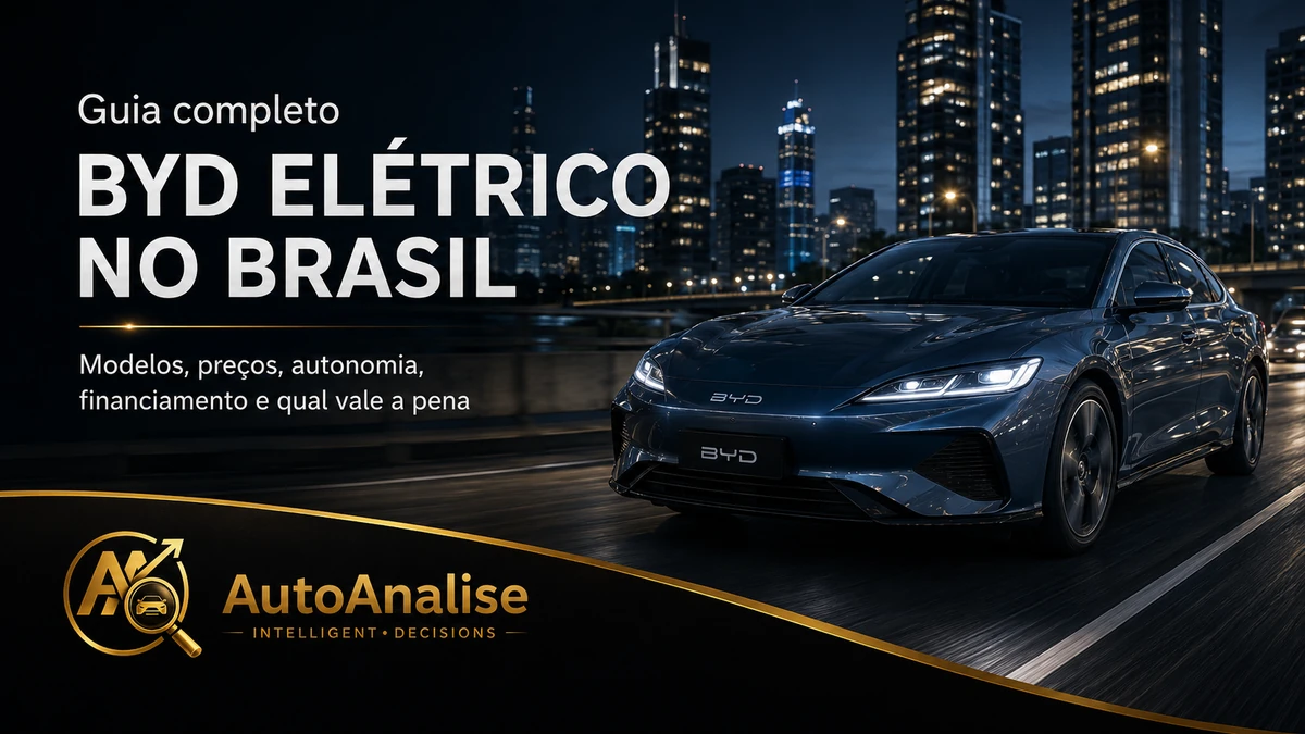 Ilustração de um carro elétrico BYD no Brasil, representando o guia da AutoAnalise sobre preço, modelos, autonomia e custo por km