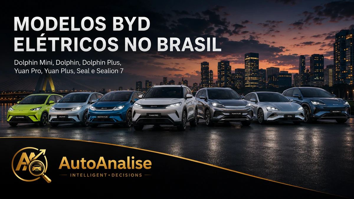 Modelos elétricos da BYD vendidos no Brasil: Dolphin Mini, Dolphin, Dolphin Plus, Yuan Pro, Yuan Plus, Seal e Sealion 7