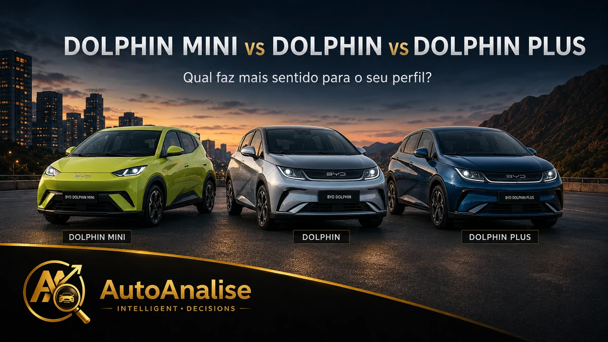 Comparação visual entre os hatches elétricos BYD Dolphin Mini, Dolphin e Dolphin Plus